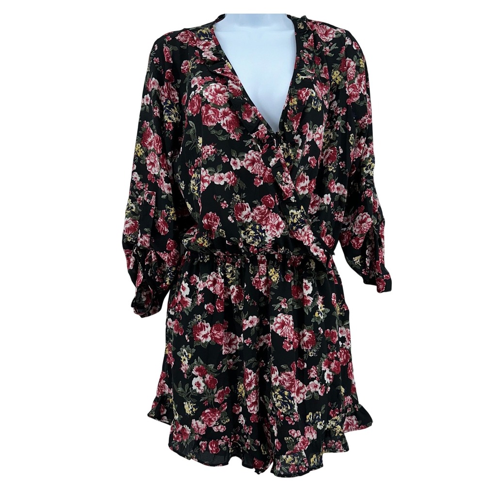 Haute Monde Floral V-Neck Ruffle Romper L Black Romantic Boho Cottage Wrap Front